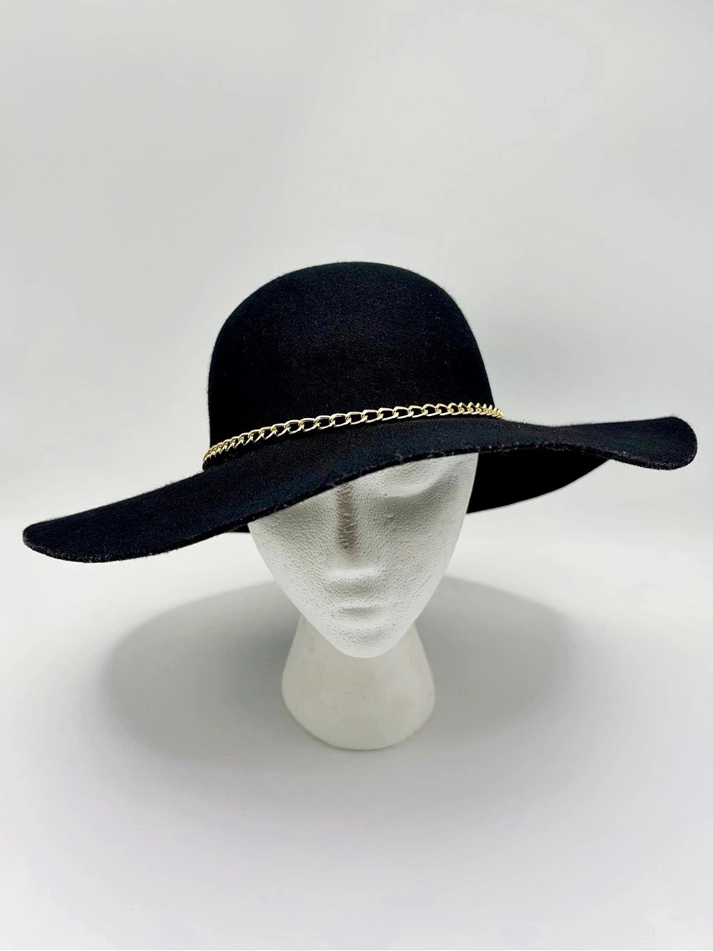 Scala Pronto Black 100% Wool Wide Brim Floppy Hat Gold Chain 57cm